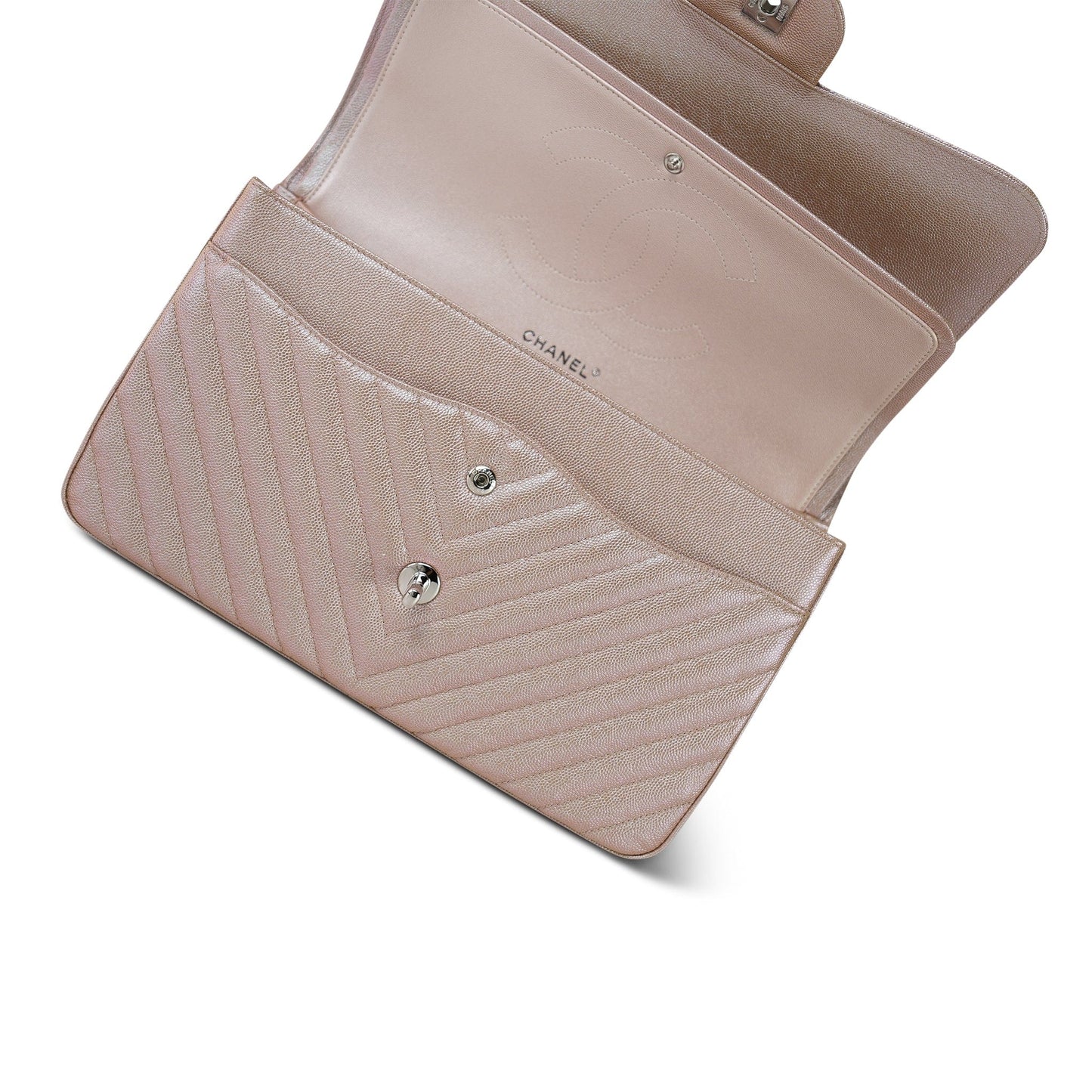 17B Rose Gold Iridescent Chevron Caviar Quilted Jumbo Classic Flap Silver Hardware