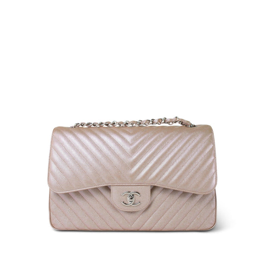 17B Rose Gold Iridescent Chevron Caviar Quilted Jumbo Classic Flap Silver Hardware