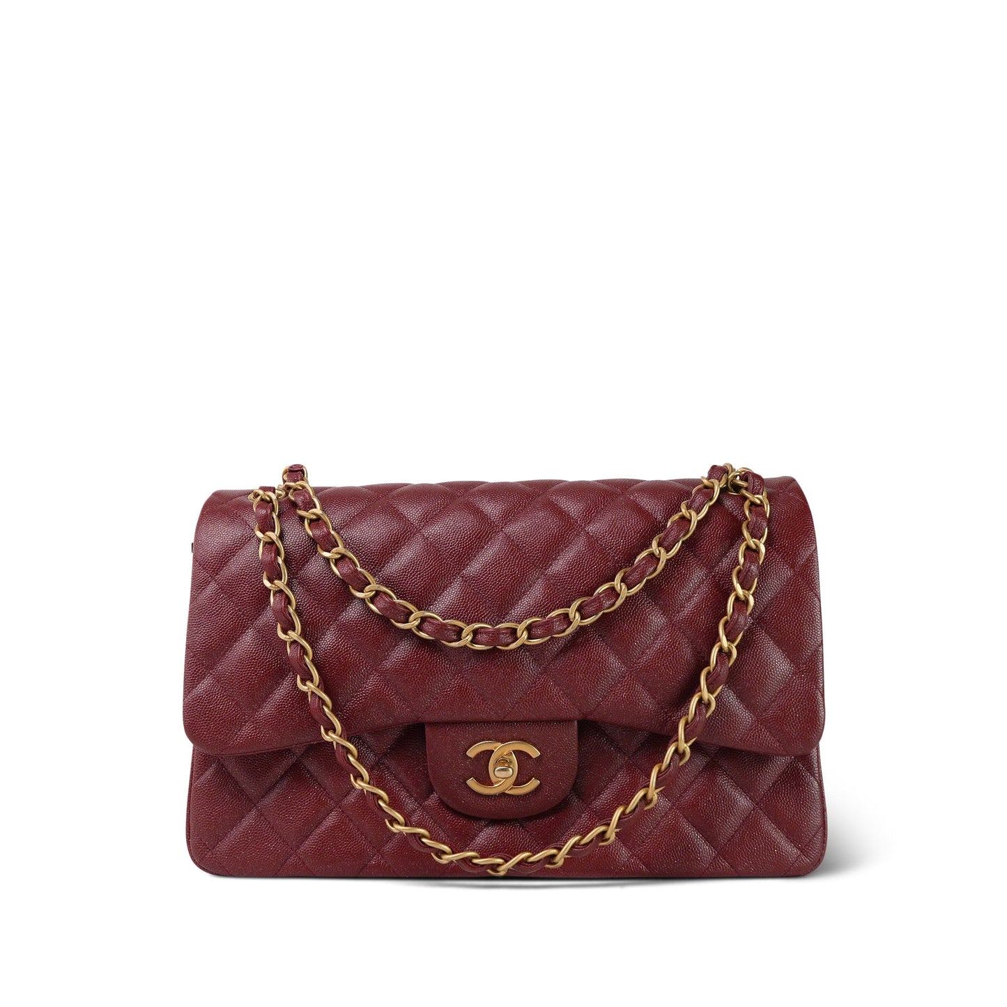 18C Dark Red Glittery Caviar Quilted Jumbo Classic Flap Aged Gold Hardware